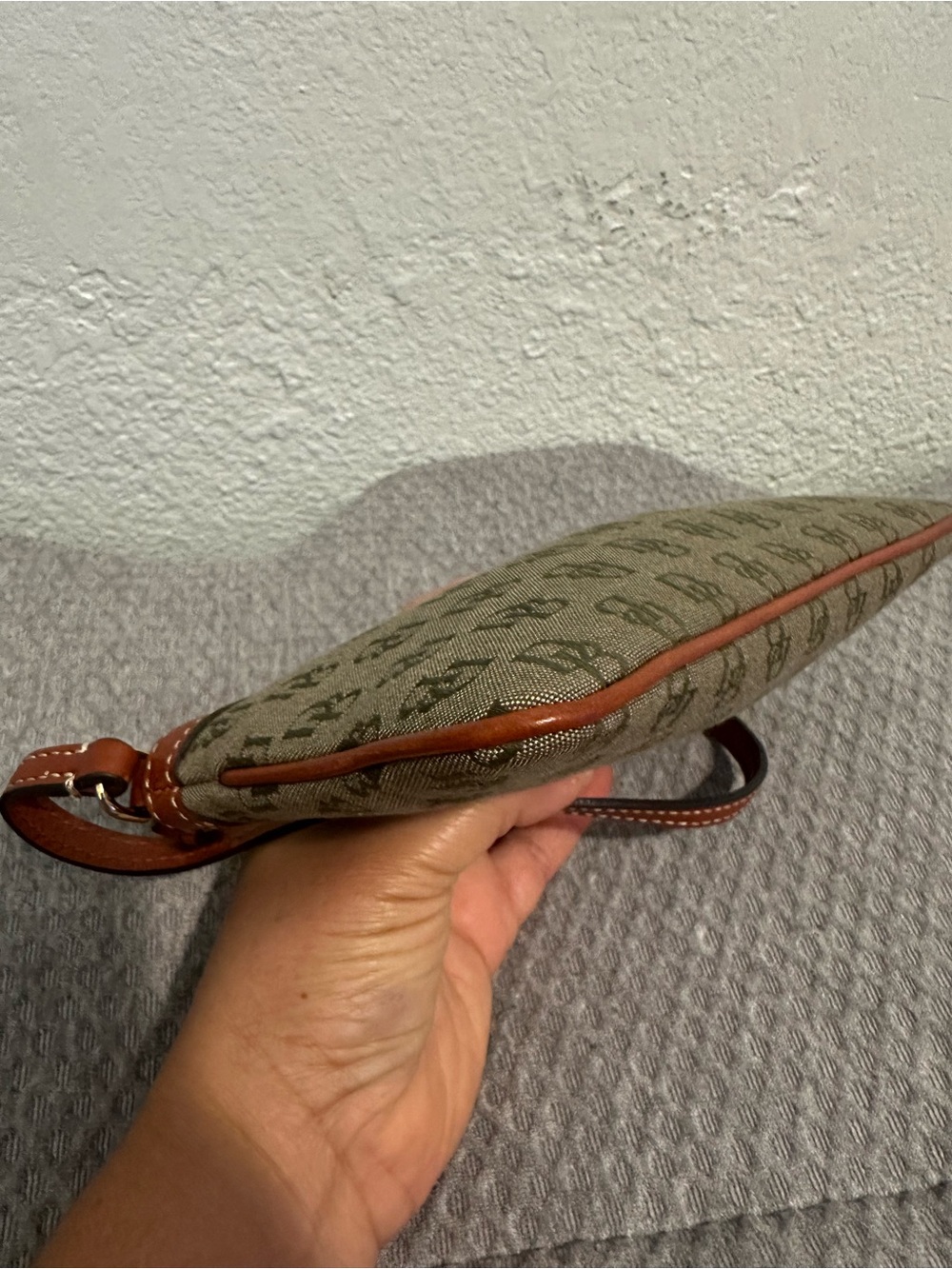 Dooney & Bourke Olive Logo Canvas Wristlet with Brown Leather Trim - Picture 6 of 11